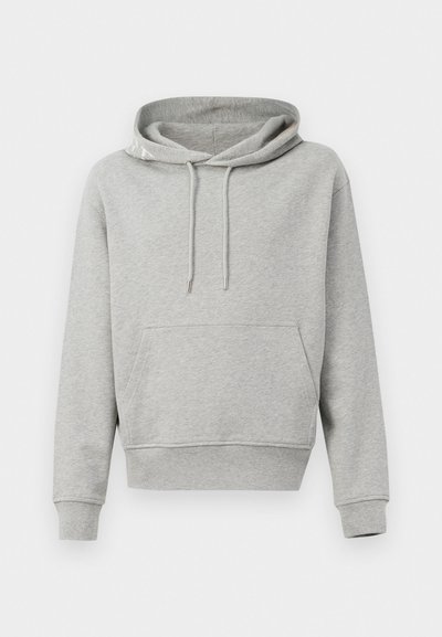 Hoodie cinza em algodão com um bolso frontal, capuz ajustável por cordão, punhos e bainha canelados. Textura suave, design casual e um ajuste descontraído.
