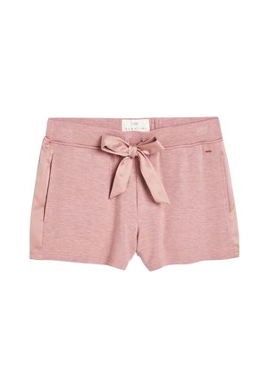 Shorts décontractés rose doux avec poches latérales et un nœud en tissu assorti à la taille, conçus pour le confort et le style.