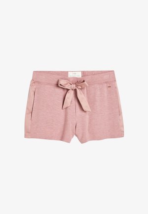 Shorts décontractés rose doux avec poches latérales et un nœud en tissu assorti à la taille, conçus pour le confort et le style.