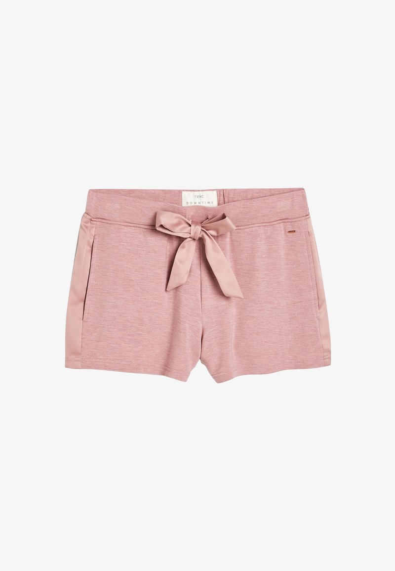 Shorts décontractés rose doux avec poches latérales et un nœud en tissu assorti à la taille, conçus pour le confort et le style.