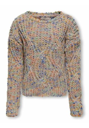 Grober Strickpullover mit pastellfarbenem mehrfarbigem Garn, Zopfmuster, langen Ärmeln und gerippten Bündchen und Saum.