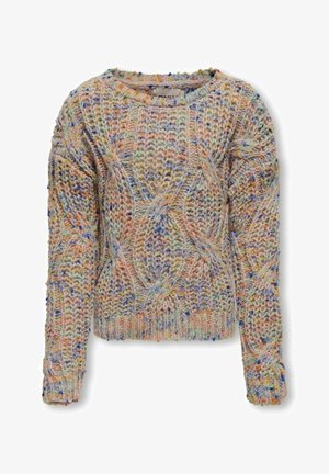 Grober Strickpullover mit pastellfarbenem mehrfarbigem Garn, Zopfmuster, langen Ärmeln und gerippten Bündchen und Saum.