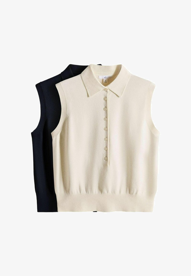 Dos polos de punto sin mangas, uno crema por delante con botones en el centro, y uno negro detrás, colocados planos sobre fondo blanco.