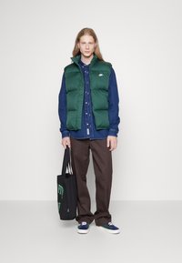 Chaleco puffer verde sobre una camisa de botón azul, pantalones marrones y zapatos azul marino. Sosteniendo un tote negro con un diseño gráfico verde.