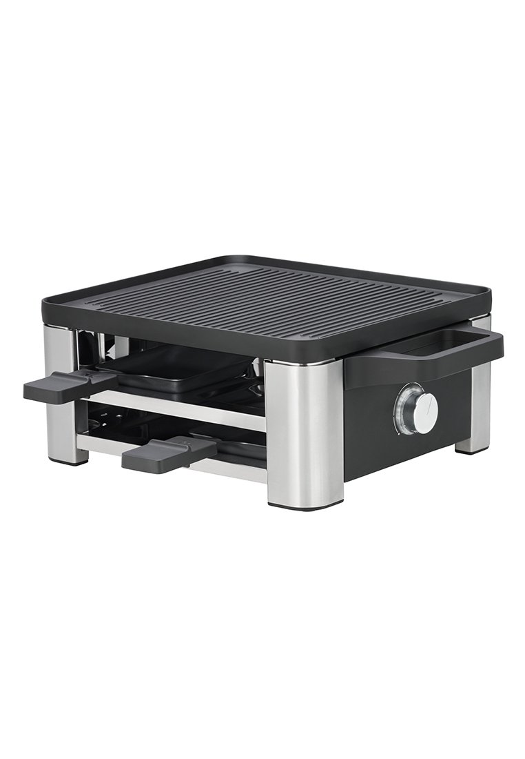 Elektrisches Raclette-Grillgerät mit quadratischer schwarzer Kochfläche, Edelstahlakzenten, Temperaturregelknopf und zwei herausziehbaren Schalen.