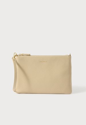 Beige leather clutch bag with textured surface, featuring a gold-tone zipper and hardware, and side wrist strap for carrying convenience.