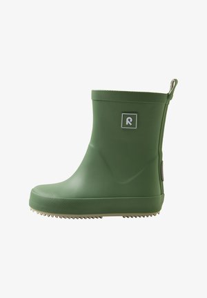 Roheline keskmise kõrgusega kummist vihmavars, mille tald on tekstureeritud, tagaküljel tõmbenöör ja välisküljel ruudukujuline logoplaat.