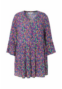 Tunika con stampa floreale colorata, scollo a V, maniche a campana corte e dettagli con bottoni. Tessuto leggero con vestibilità rilassata e orlo arricciato.
