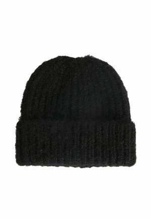 Black knitted beanie made from soft, textured fabric; features a rolled brim and vertical ribbing for added detail and warmth.