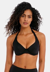 Top de bikini negro con aros, tirantes tipo halter y copas moldeadas. Textura suave sin patrones o adornos visibles.