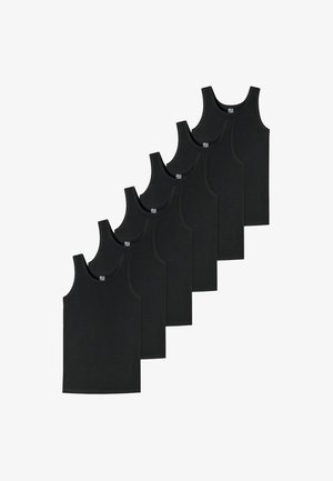 Six black cotton tank tops with a rounded neckline and wide shoulder straps, featuring a smooth texture and no visible patterns or accents.