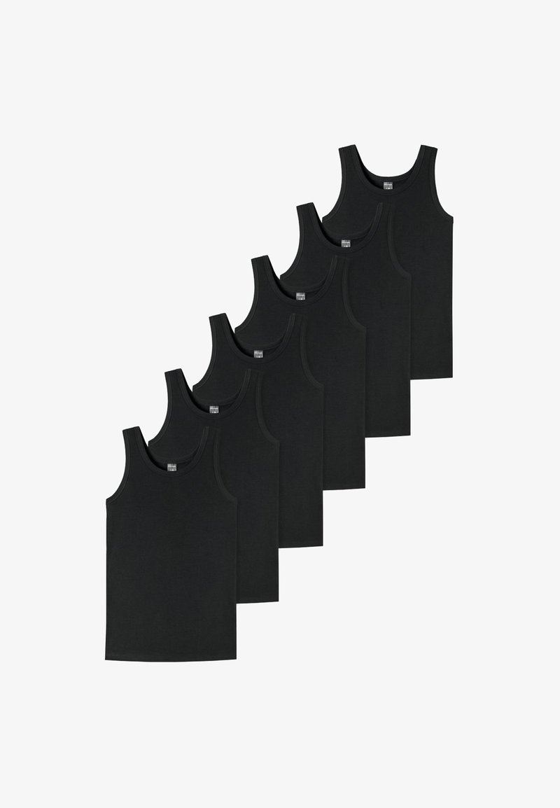 Sei canotte nere in cotone con scollatura rotonda e spalline larghe, caratterizzate da una texture liscia e senza motivi o accentuazioni visibili.