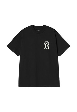 Czarny T-shirt z krótkim rękawem, z małym białym logo w kształcie otworu i napisem "Carhartt WIP" na lewej piersi, średniej wielkości metka wewnątrz kołnierza.