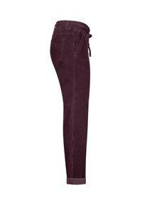 Burgundy corduroy pants with a tapered fit, drawstring waistband, two side pockets, and rolled cuffs at the ankle.