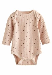 Body per bambino a maniche lunghe di un delicato rosa chiaro, con motivo a piccole stampe di fiori rossi e bottoni a pressione all'inguine.