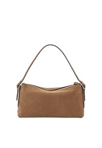 Brown suede handbag with a curved, zippered top, a single handle, and gold-toned hardware. Smooth texture and minimalist design.