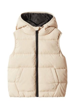 Beige wattierte Weste mit Kapuze, schwarzem Reißverschluss und zwei Fronttaschen. Ganzflächiges, strukturiertes Steppmuster mit Logodetail.