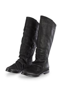 Black leather knee-high boots with a slouchy design, featuring a side zipper, soft texture, and a flat rubber sole.
