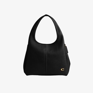 Zwarte leren schoudertas met enkele handgreep, afgeronde bovenkant, centrale naad en klein gouden "C" logo in de rechterbenedenhoek.