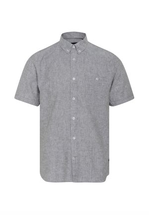 Lühikeste varrukatega heledahall särk, millel on tekstuuriga muster, nööpidega krae ja üks rinnatasku.