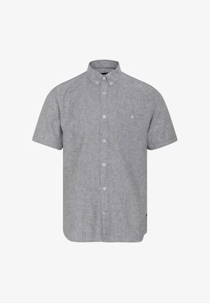 Kortearmige shirt van lichtgrijze stof met een textuurpatroon, knoopsluiting kraag en een enkele borstzak.