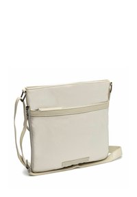 Borsa a tracolla beige realizzata in tessuto resistente, dotata di una tasca frontale con cerniera, cinturino regolabile e superficie liscia per una presa facile.