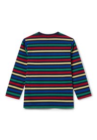 Langärmliges Shirt mit mehrfarbigen Streifen in Rot, Blau, Grün und Gelb auf navyfarbigem Hintergrund und rundem Ausschnitt.