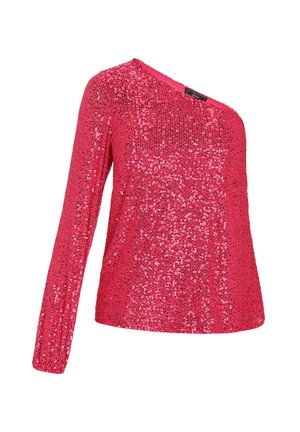 Ružový flitrový top s jedným dlhým rukávom a asymetrickým dekoltom, s textúrovaným povrchom a priliehavým strihom.