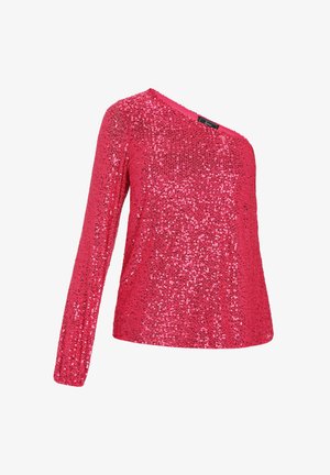 Top rosa con paillettes, una manica lunga e scollatura asimmetrica, con una superficie texturizzata e un design aderente.