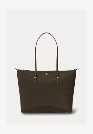 Torba typu tote w ciemnym oliwkowym zielonym kolorze z cienkimi uchwytami, złotym zamkiem błyskawicznym, małym złotym logo "RL" oraz usztywnioną podstawą ze złotymi nóżkami.