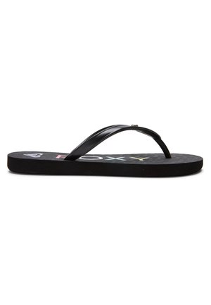 Black flip-flop with a textured sole, featuring narrow straps and a logo. The surface has a smooth finish and a low-profile design.