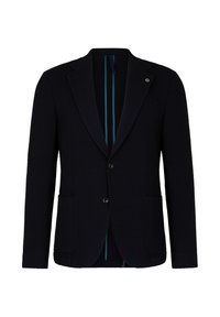 Marineblauer Struktur-Blazer mit Reverskragen, zwei vorderen Taschen, zwei Knöpfen und einem kontrastierenden gefütterten Innenraum mit türkisfarbenen Streifen.