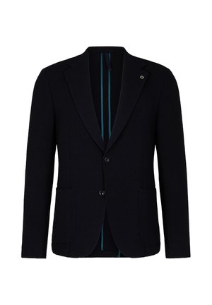 Marineblauw textuur blazer met een notch lapel, twee zijzakken, twee knopen en een contrasterende gevoerde binnenkant met teal strepen.