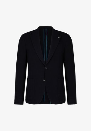 Marineblauer Struktur-Blazer mit Reverskragen, zwei vorderen Taschen, zwei Knöpfen und einem kontrastierenden gefütterten Innenraum mit türkisfarbenen Streifen.