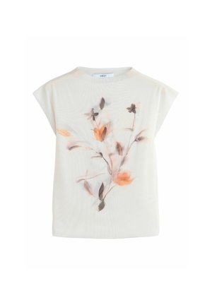 Bluza albă fără mâneci cu imprimeu floral delicat portocaliu și maro în față, cu decolteu rotund și croială lejeră.