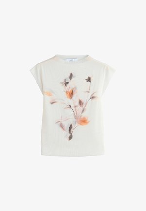 Bluza albă fără mâneci cu imprimeu floral delicat portocaliu și maro în față, cu decolteu rotund și croială lejeră.