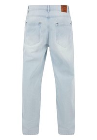 Light blue denim jeans with a straight-leg design, featuring two back pockets, a leather patch on the waistband, and subtle stitching details.