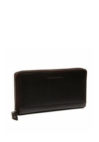 Portafoglio in pelle marrone con chiusura zip-around, con una texture liscia, dettagli di cucitura sottili e marchio in rilievo sul davanti.