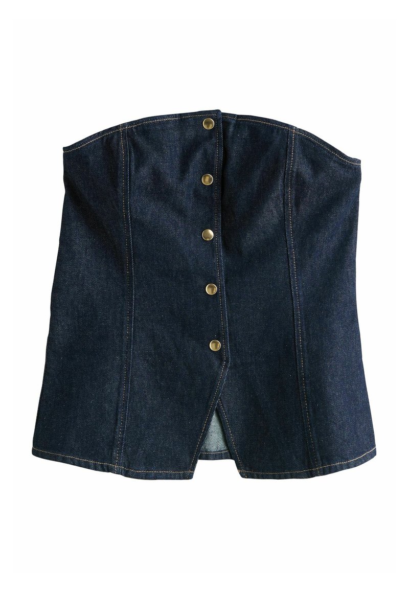 Denim korset top in donkerblauw met een gestructureerde silhoutte, voorzien van een frontale knoopsluiting met messing knopen en een schuine zoom.