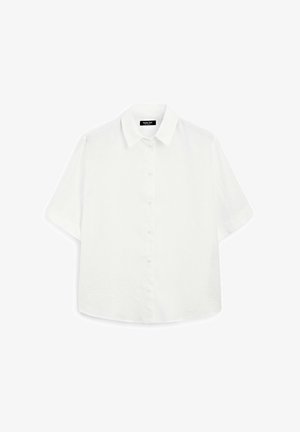 White short-sleeve shirt made of lightweight fabric, featuring a classic collar, button closure, and a rounded hem with subtle texture.