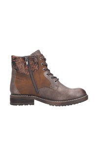 Bottine en cuir marron avec fermeture éclair et lacets, panneaux texturés et accents de couleur contrastants. Semelle plate et robuste avec détails cousus.