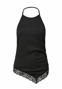 Melnā haltera tipa bezroku topiņš ar mežģīņu apdari asimetriskā apakšmalā, ar smalku ribu faktūru.