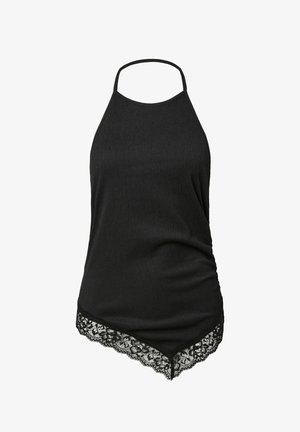 Zwart haltertop zonder mouwen met kanten rand aan de asymmetrische zoom, met een subtiele geribbelde textuur.