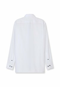 Achteraanzicht van een effen witte overhemd met lange mouwen, een klassieke kraag en donkere knopen op de manchetten, tegen een witte achtergrond.