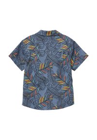 Korte mouwen overhemd met knopen, blauwe stof met kleurrijke tropische bladerenprint, zachte textuur, ontspannen pasvorm, rugpand met details.
