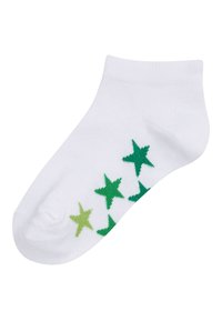 Calzino bianco alla caviglia con cinque stelle verdi di diverse sfumature su un lato. Realizzato in un tessuto morbido e texturizzato per il massimo comfort.