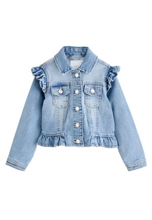 Hellblaue Jeansjacke mit Knöpfen vorne, Brusttaschen, Rüschendetails an Schultern und Saum sowie langen Ärmeln.