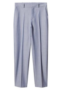 Light blue, high-waisted trousers with a smooth texture, pleats at the front, and side pockets. Made from a lightweight fabric.