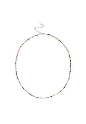 Collar de cuentas que presenta pequeñas piedras multicolores, predominantemente rosas, verdes y negras, con un cierre en tono plateado y un detalle de cadena ajustable.
