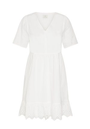 Hvid kortærmet kjole med V-hals, indsnævret talje, broderede blomsterudskæringer på ærmer og nederdel samt bølget kant i bunden.